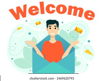 concept welcome subscription email newsletter man from letters mail. Workflow process. Social network, the best estimate of performance, people leave feedback and comments.