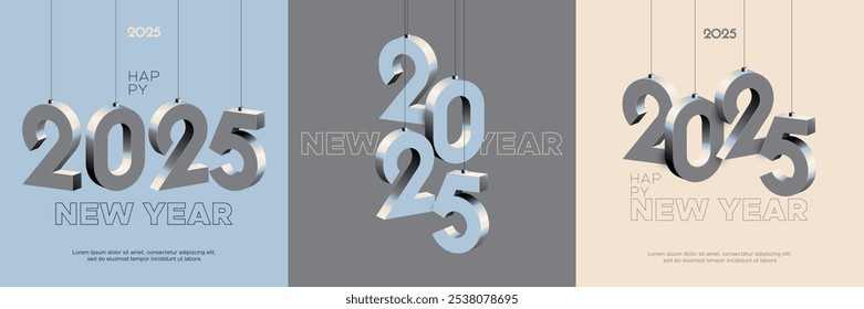 Concept of welcoming and celebrating new year 2025 with 3D hanging numbers on square template for calendar and social media post. Happy new year 2025