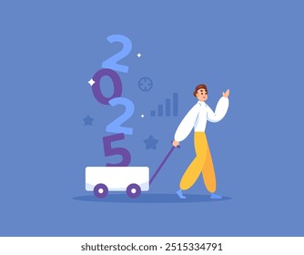 concept of welcoming the new year 2025. illustration of a man waving and pulling a cart containing the number 2025. happy new year 2025. events and festivals. flat style design. elements