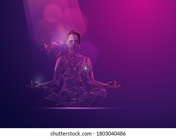 concept of wellness of mind, graphic of polygon girl at meditation pose