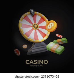 Concept of wheel of fortune in casino. 3D disk with colored sectors, poker chips, coins. Vertical poster on black background, place for text. Online betting