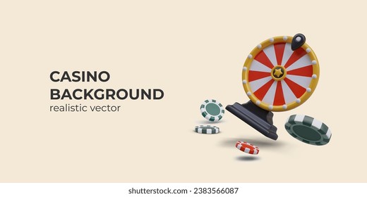 Concept of wheel of Fortune and green and red chips. Placard with place for text and beige background. Win jackpot money. Gambling fortune chance. Vector illustration in 3D style