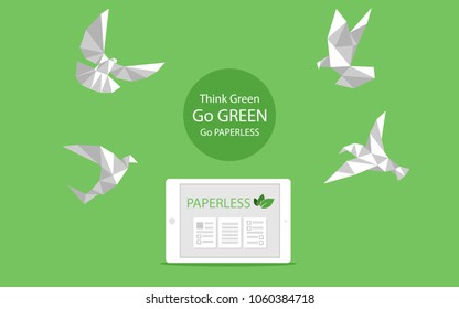 Concept Of White Paper Bird Fly Paperless Go Green, Save The Planet. Low Polygonal Style Flat Vector.