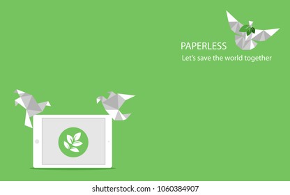 Concept Of White Paper Bird Fly Paperless Go Green, Save The Planet. Low Polygonal Style Flat Vector.