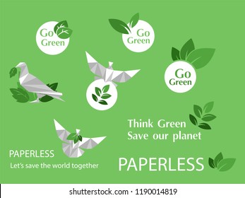 Concept Of White Paper Bird Fly Paperless Go Green Logo, Save The Planet, Earth, Tree, Leaf Logo Design, Polygonal, Abstract, Low Poly Style Flat Vector.