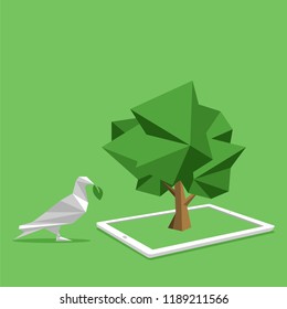 concept of white paper bird paperless go green, save the planet, earth, tree, leaf logo, documents, digital, big data, business device, tablet, polygonal, Abstract, low poly style flat vector.