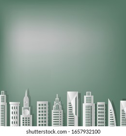 concept of a white paper building in a green background , City made of white paper , vector illustration .