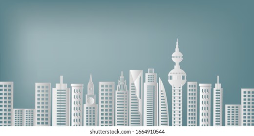 concept of a white paper building in a green background , City made of white paper , vector illustration .