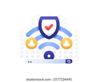 a concept of wifi network security and protection. wifi encryption. technology and safety. illustration of wifi signal symbol, search bar, account and shield with check mark. flat style design