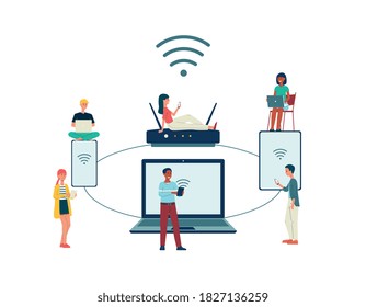 Concept of Wi-Fi wireless router device technology . Men and women with mobile phones, laptops and tablets using remote connection to internet. Flat isolated vector illustration