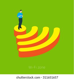 Concept of Wifi zone. Man standing on the symbol of WiFi. Flat design, vector illustration