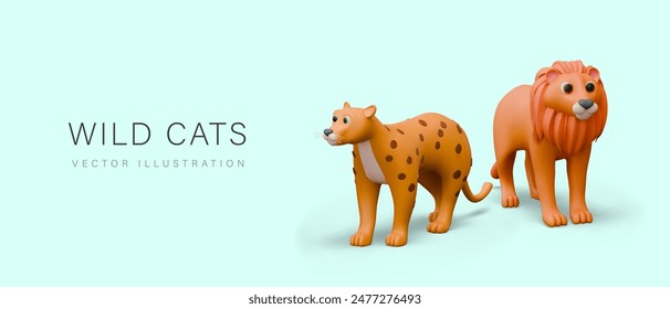 Concept of wild big cats on colored background. Realistic lion and cheetah