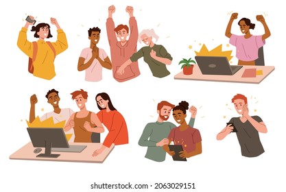 Concept of win. Set of images in which people rejoice at success. Staff completed project. Happy characters collection, office, work. Cartoon flat vector illustrations isolated on white background