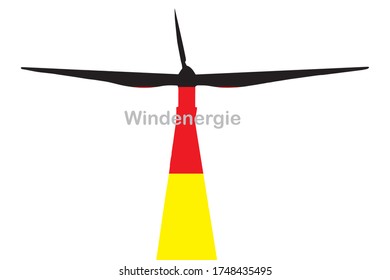 Konzept Windenergie in Deutschland. Windmühle aus deutschen Flaggenfarben auf weißem Hintergrund mit Text auf deutscher Sprache, was "Windenergie" bedeutet. 