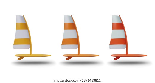 Concept of windsurfing sport. Board with sail in yellow, orange, and red colors. Concept of sea sport. Vector illustration in 3d style on white background with shadow