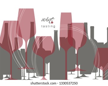 Concept with wine bottles and wine glasses. Design element in modern style for tasting, menu, wine list, restaurant, winery, shop.