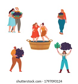 Concept Of Wine Production. Cartoon  small man and woman worker characters gardening, harvesting on Vineyard, stage of wine production. Vector Illustration for web page, presentation, print, banner