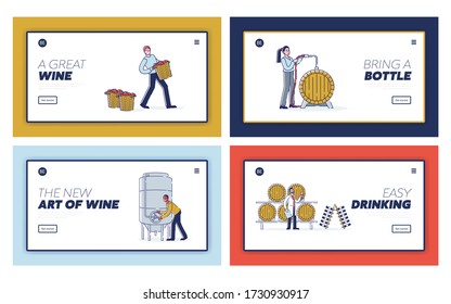 Concept Of Wine Production. Website Landing Page. People Harvesting, Fermenting Must, Filling, Control Quality And Storage Wine. Web Page Cartoon Linear Outline Flat Style Vector Illustrations Set