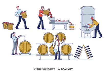 Concept Of Wine Production. Winemakers Work On Wine Plant. Characters Are Harvesting, Crushing Grapes, Fermenting Must, Ageing And Filling Wine. Cartoon Linear Outline Flat Style Vector Illustration