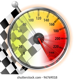 Concept - Winner, Champion. Detailed Car Speedometer with Maximum Speed and Flag, vector illustration
