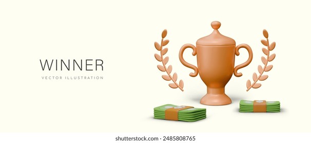 Concept of winner. Golden closed goblet with two handles, bundles of green bills, laurel branches
