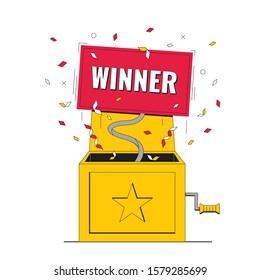 The concept of the winner. Open the surprise box with the confetti blast inside and the winner's sign. Vector illustration