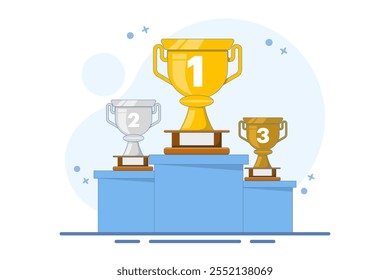 Concept of winner podium with trophies. Prizes for champions. Gold, silver and bronze cups. Winners with awards. About business success, awards, career, successful projects and competitions.