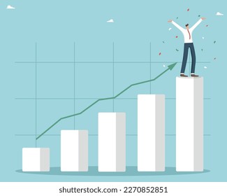 The concept of winning, achieving goals by hard work, career growth, business value increase, strategic thinking while solving complex problems, winning businessman at the top of a growing graph.