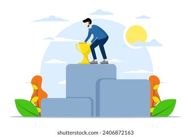 Concept of winning in business. Businessman standing on winner podium with award, Businessman with golden trophy, rich goal achievement theme with successful flat character. vector illustration.