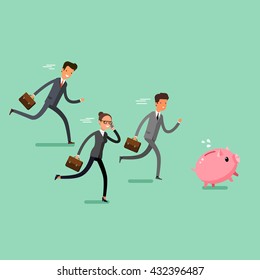 Concept of winning. Cartoon business people catch piggy bank. Team leader competition. Flat design, vector illustration.