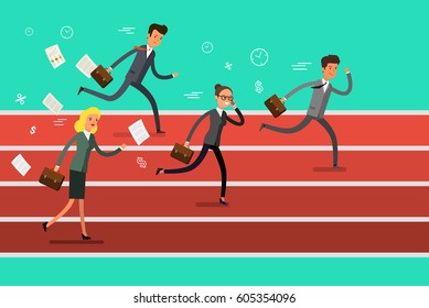 Concept of winning. Cartoon business people running to finish line. Team leader competition. Flat design, vector illustration.