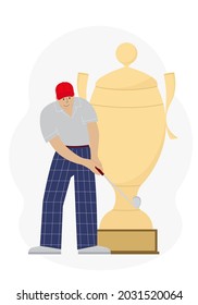 El concepto de ganar el juego del golf Un hombre con un club de golf cerca de la gran copa de victoria. Ilustración del vector