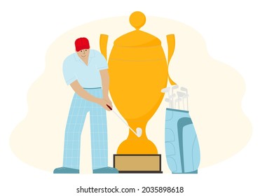 The concept of winning the game of golf. A man with a golf club near the big victory cup. Vector illustration