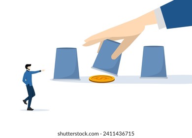 concept of winning the game of guessing or predicting investments. Businessman investor pointing to right cup with man opening it to reveal profit dollar coin money. flat vector illustration.
