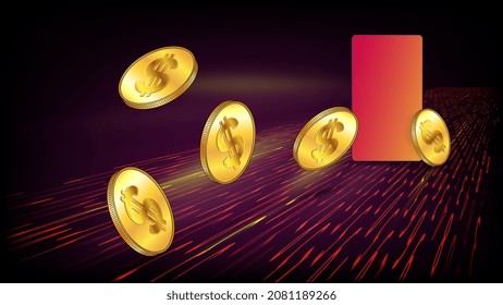 Concept of winning money with cell phone. Dollars USD coins flying out of standing cellphone with copy space on flowing digital stream. Colorful header. Template for banner or game.
