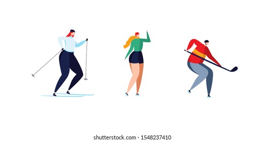 Concept of winter activities, Merry Christmas, skiing and skating, healthy style. Young people active in the winter outdoors. Vector illustration in flat design