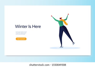 Concept of winter activities, Merry Christmas, figure skating, healthy style. Young woman active in the winter outdoors with skates. Vector illustration in flat design