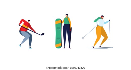Concept of winter activities, skiing, hockey and snowboarding, healthy style. Set of young people active in the winter outdoors wth hockey stick, snowboard and ski. Vector illustration in flat design