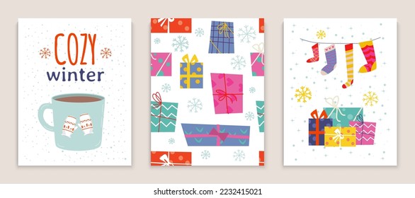 Concept winter element card set, hot cozy tea and coffee cup, christmas holiday greeting poster flat vector illustration.