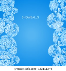 Concept winter frame with snowballs and snowflakes. Place for your text. Blue winter background. It can be used for decorating of invitations, greeting cards, decoration for bags.