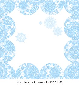 Concept winter frame with snowballs and snowflakes. Place for your text. Light frosty background. It can be used for decorating of invitations, greeting cards, decoration for bags.