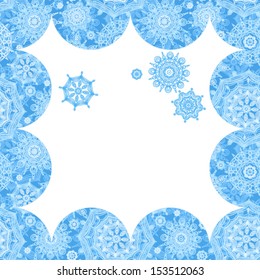 Concept winter frame with snowballs and snowflakes. Place for your text. Light frosty background. It can be used for decorating of invitations, greeting cards, decoration for bags.