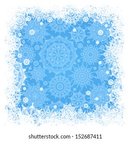 Concept winter frame with snowflakes and place for your text. Light blue background. It can be used for decorating of invitations, greeting cards, decoration for bags.
