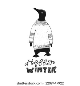 Concept winter illustration with cute penguin. Vector background. Hand drawn phrase - Hello Winter. Perfect for T shirt, cup, holiday card print.