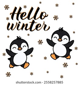 Concept winter illustration with cute penguin. Vector background. Hand drawn phrase - Hello Winter. Perfect for T shirt, cup, holiday card print. Merry Christmas. Happy New year.