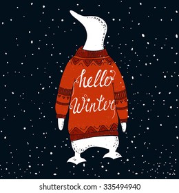 Concept winter illustration with cute penguin. Vector background. Hand drawn phrase - Hello Winter. Perfect  for   T shirt, cup, holiday card print.
