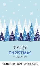 Concept of winter landscape with Christmas trees - greeting card. Vector illustration