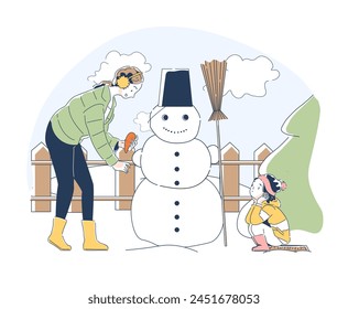 Concept of winter leisure outdoors activities. Mother and daughter building a snowman together in a winter scene, line art style vector illustration on a light background, concept of winter activities
