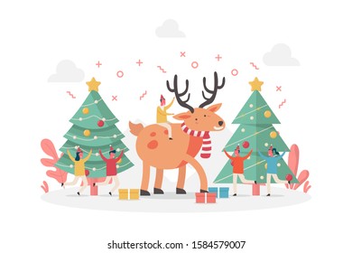 concept of winter new year celebration and Merry Christmas with big reindeer, pine tree and tiny people, vector flat illustration for web, landing page, ui, banner, editorial, mobile app and flyer.