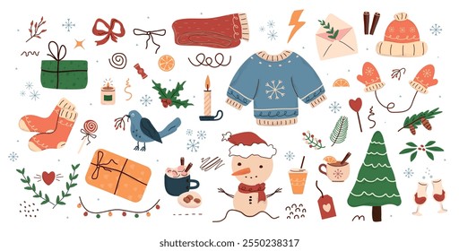 concepto invierno, patrón, abeto, estrellas, puntos, nieve, dibujo de líneas. Los Elementos de diseño de Festiva están aislados sobre fondo blanco. Concepto simple de la forma para las tarjetas de la estación del invierno, para el cartel del partido, Anuncio